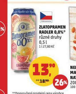 Penny Market Zlatopramen radler nealkoholické pivo nabídka