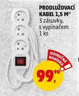 Prodlužovací kabel 1,5 m 3 zásuvky, s vypínačem, 1 ks
