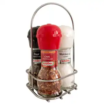 Rohlik.cz Kotányi stojánek s mlýnky mořská sůl, pepř čtyřbarevný, chilli a mořská sůl nabídka