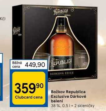 Tesco Božkov republica exclusive dárkové balení 38 %, 0,5 1 + 2 skleničky nabídka