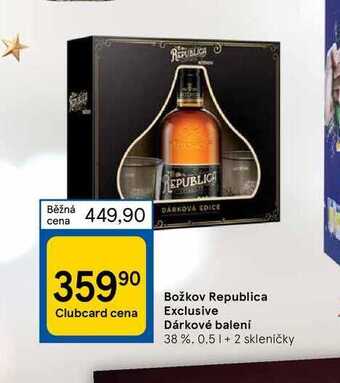 Tesco Božkov republica exclusive dárkové balení 38 %, 0,5 1 + 2 skleničky nabídka