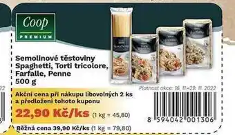 Coop Coop semolinové těstoviny ! spaghetti, torti tricolore, farfalle, penne 500 g nabídka