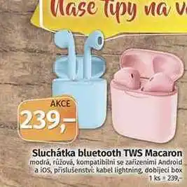 Sluchátka bluetooth tws macaron modrá, růžová, kompatibilni se zařizenimi android a los, prislusenstvi: kabel lightning, dobi