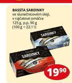 Flop Bassta sardinky ve slunečnicovém oleji, v rajčatové omáčce 125 g. p.p. 90 g nabídka