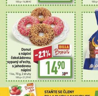 Billa Donut s náplní čokoládovou sypaný ořechy, s jahodovou náplní nabídka