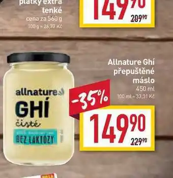 Billa Allnature ghí přepuštěné máslo 450 ml nabídka