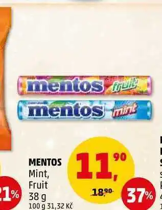 Penny Market Mentos fit mentos mint mentos mint, fruit 1% 38 g 100 g 31,32 kč 11,9⁰0 18,⁹0 37% nabídka