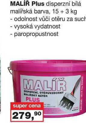 Barvy a laky drogerie Malíř plus disperzní bílá malířská barva, 15 + 3 kg nabídka