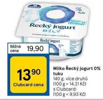 Tesco Milko řecký jogurt 0% tuku 140 g nabídka