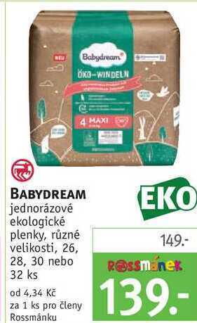 Rossmann Babydream jednorázové ekologické plenky, 26, 28, 30 nebo 32 ks nabídka