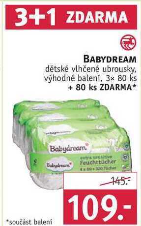 Rossmann Babydream dětské vlhčené ubrousky, 3x 80 ks + 80 ks zdarma* nabídka