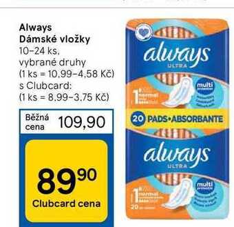 Tesco Always dámské vložky 10-24 ks nabídka