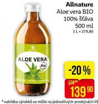 Teta Allnature aloe vera bio 100% šťáva 500 ml nabídka