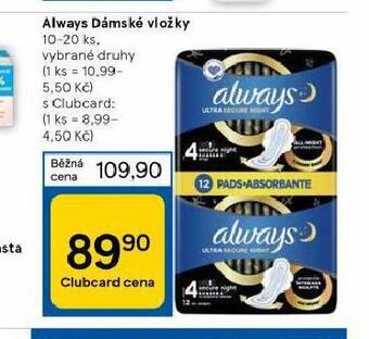 Tesco Always dámské vložky nabídka