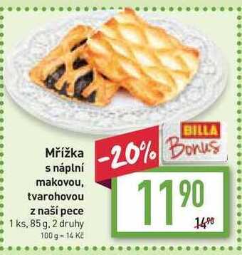 Billa Mřížka s náplní makovou, tvarohovou z naší pece 1 ks, 85 g nabídka
