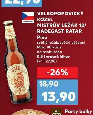 Kaufland Pivo velkopopovický kozel mistrův ležák 12 nabídka