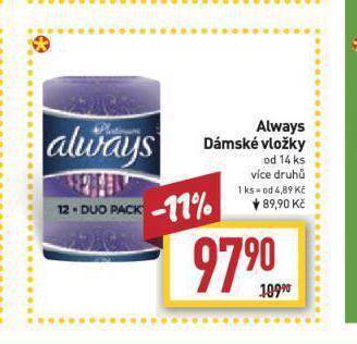 Billa Always dámské vložky nabídka