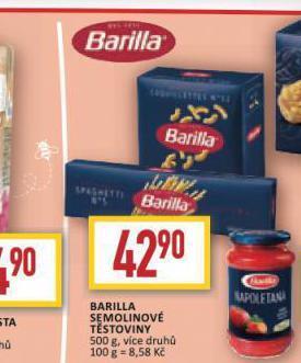 Billa Barilla semolinové těstoviny nabídka