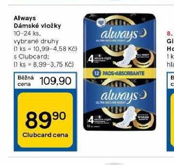 Tesco Always dámské vložky nabídka
