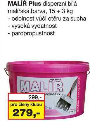 Barvy a laky drogerie Malíř plus disperzní bílá malířská barva, 15 + 3 kg nabídka
