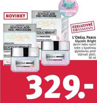 Rossmann L'oréal paris glycolic bright denní nebo noční krém, 50 ml nabídka