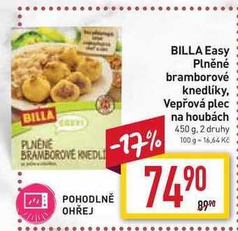Billa Billa easy plněné bramborové knedlíky, Vepřová plec na houbách 450g nabídka