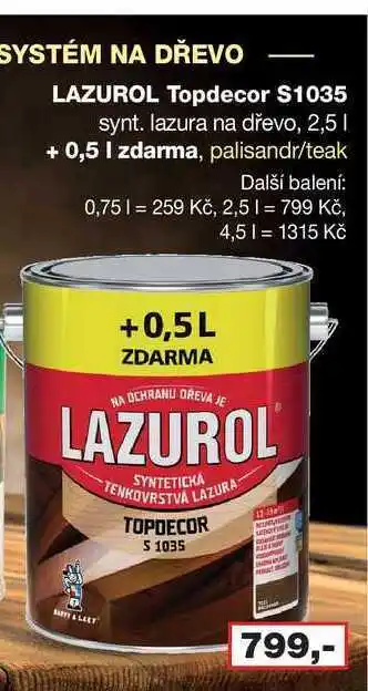 Barvy a laky drogerie Systém na dřevo lazurol topdecor $1035 synt. lazura na dřevo, 2,5 1 + 0,5 i zdarma, palisandr/teak nabídka