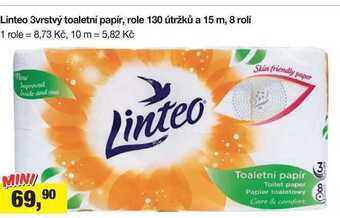 Šlak Linteo 3vrstvý toaletní papír, role 130 útržků a 15 m, 8 rolí nabídka