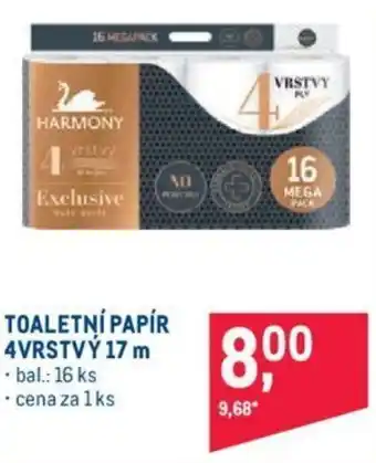 Makro Harmony Toaletní papír 4vrstvý 17m 16ks nabídka