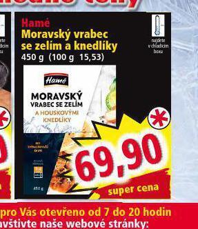 Norma Hamé moravský vrabec se zelím a knedlíky nabídka