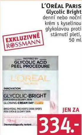 Rossmann L'oréal paris glycolic bright denní nebo noční krém, 50 ml nabídka