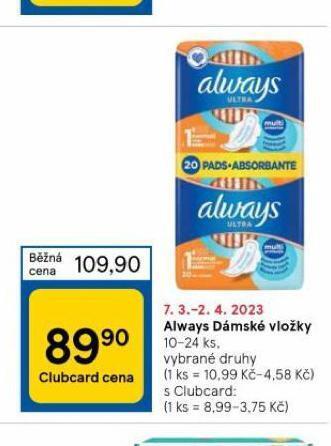 Tesco Always dámské vložky nabídka