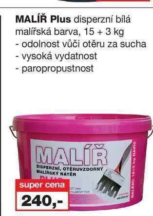 Barvy a laky drogerie Malíř plus disperzní bílá malířská barva, 15 + 3 kg nabídka