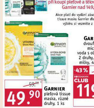 Rossmann Garnier pleťová tissue maska nabídka