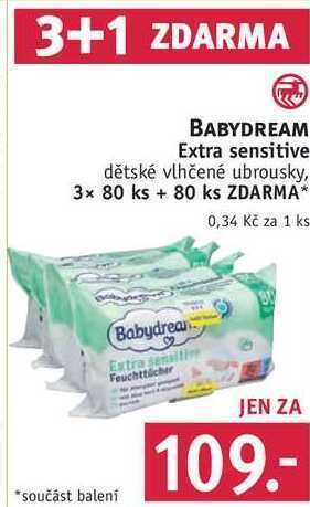 Rossmann Babydream extra sensitive dětské vlhčené ubrousky, 3x 80 ks + 80 ks zdarma nabídka
