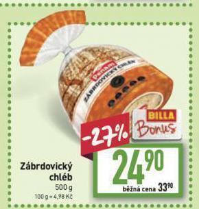 Billa Zábrdovický chléb nabídka