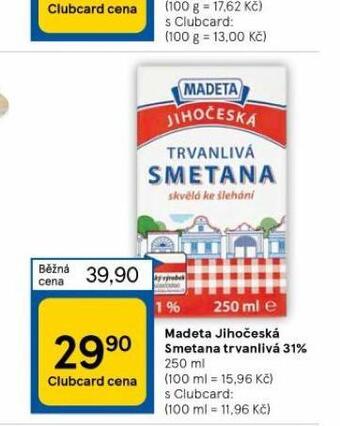 Tesco Madeta jihočeská smetana trvanlivá 31% nabídka