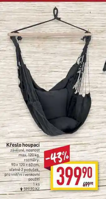Billa Křeslo houpací závěsné, nosnost max. 120 kg. rozměry: 90 x 120 x 60 cm. včetně 2 podušek. pro vnitřní i venkovní použiti 1 ks nabídka