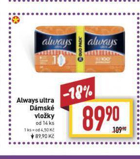 Billa Always dámské vložky nabídka