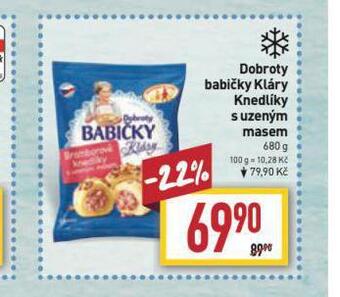 Billa Dobroty babičky kláry knedlíky s uzeným masem nabídka