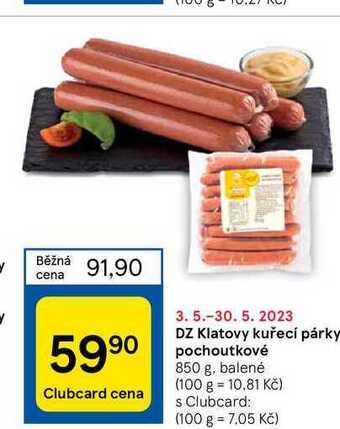 Tesco Dz klatovy kuřecí párky pochoutkové 850 g nabídka