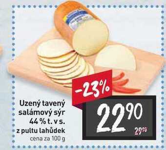 Billa Uzený tavený salámový sýr 44% t. vs. z pultu lahůdek cena za 100 g nabídka