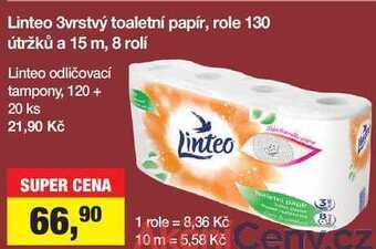 Šlak Linteo 3vrstvý toaletní papír, role 130 útržků a 15 m, 8 rolí nabídka