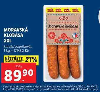 Lidl Moravská klobása xxl, 500 g nabídka