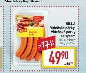 Billa Billa vídeňské párky se sýrem nabídka