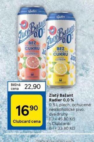 Tesco Zlatý bažant radler 0,0% nabídka