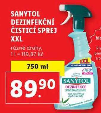 Lidl Sanytol dezinfekční čisticí sprej xxl, 750 ml nabídka