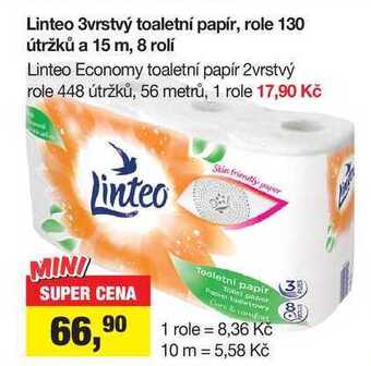 Šlak Linteo 3vrstvý toaletní papír, role 130 útržků a 15 m, 8 rolí nabídka