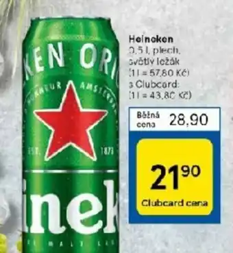 Tesco Heineken 0.51, plech, světlý ležák (11= 57,80 Kč) s Clubcard: (11= 43,80 Kč) nabídka