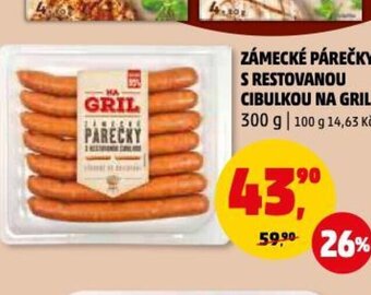 Penny Market ZÁMECKÉ PÁREČKY S RESTOVANOU CIBULKOU NA GRIL 300 g | 100 g 14,63 Kč nabídka